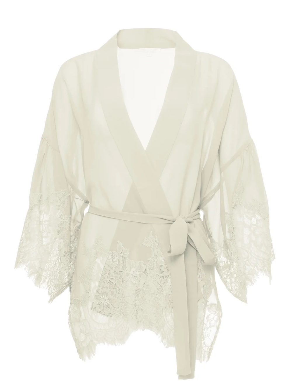 Gold Hawk Silk Lace-Trim Sheer Kimono Robe in Dove Medium